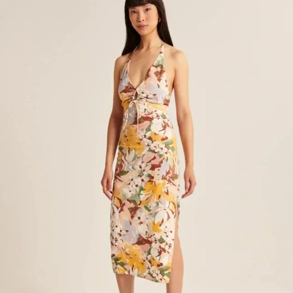 Abercrombie & Fitch Halter Keyhole Midi Dress Floral  Size XXS